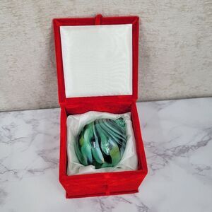 Vintage Hand Blown Green Swirl Art Glass Ornament in Red Velvet Box
